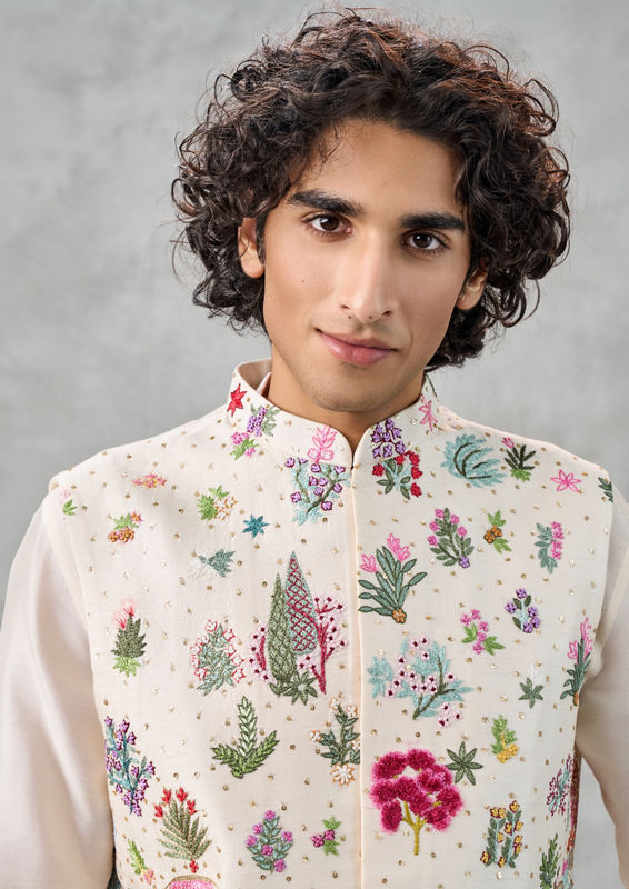 Twamev Men Cream Silk Multicolour Pichwai Aari Embroidered Kurta Jacket Set