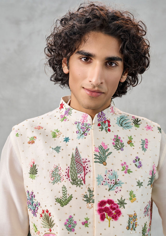 Twamev Men Cream Silk Multicolour Pichwai Aari Embroidered Kurta Jacket Set