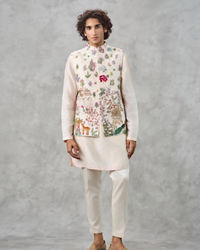 Twamev Men Cream Silk Multicolour Pichwai Aari Embroidered Kurta Jacket Set