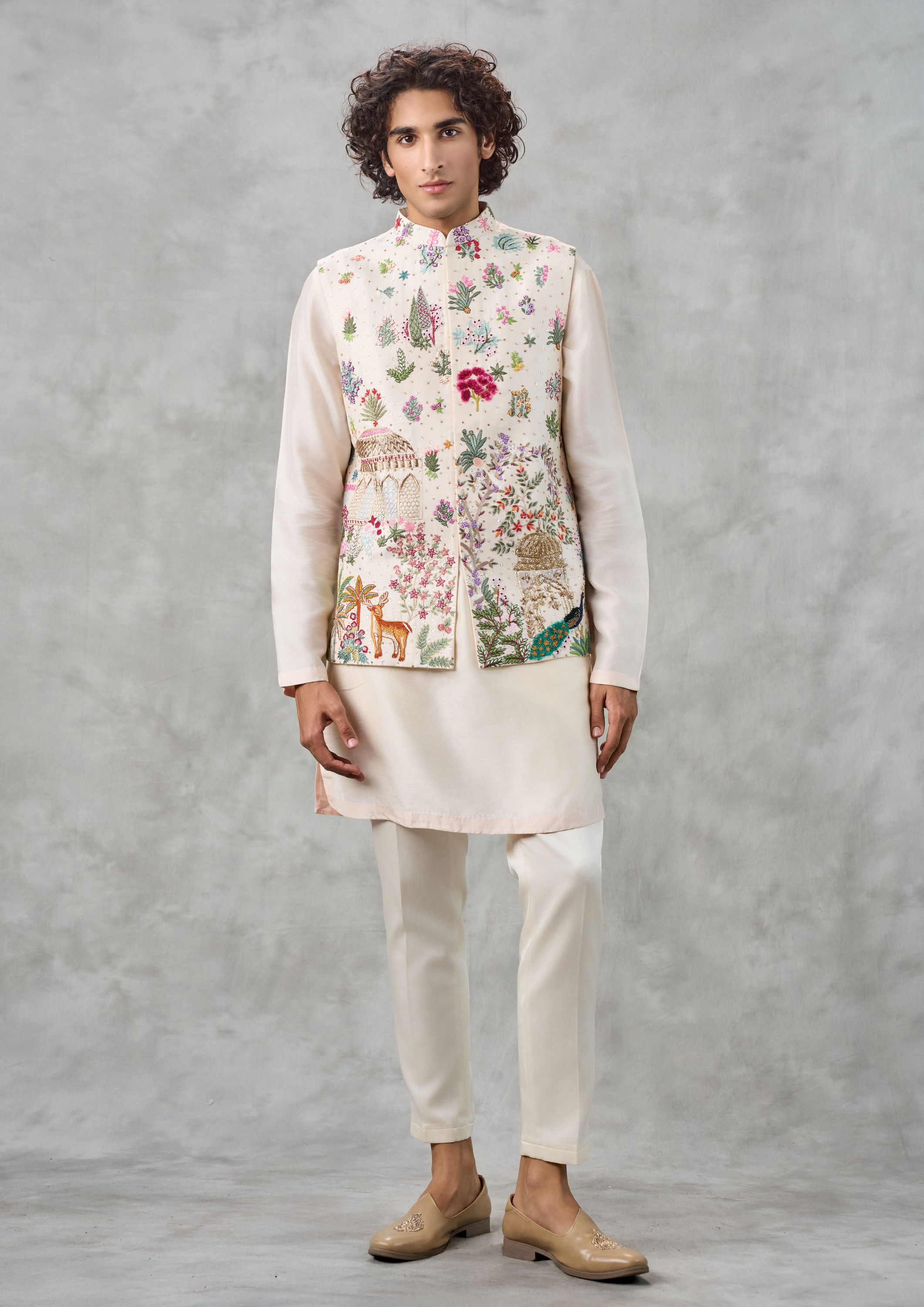Twamev Men Cream Silk Multicolour Pichwai Aari Embroidered Kurta Jacket Set