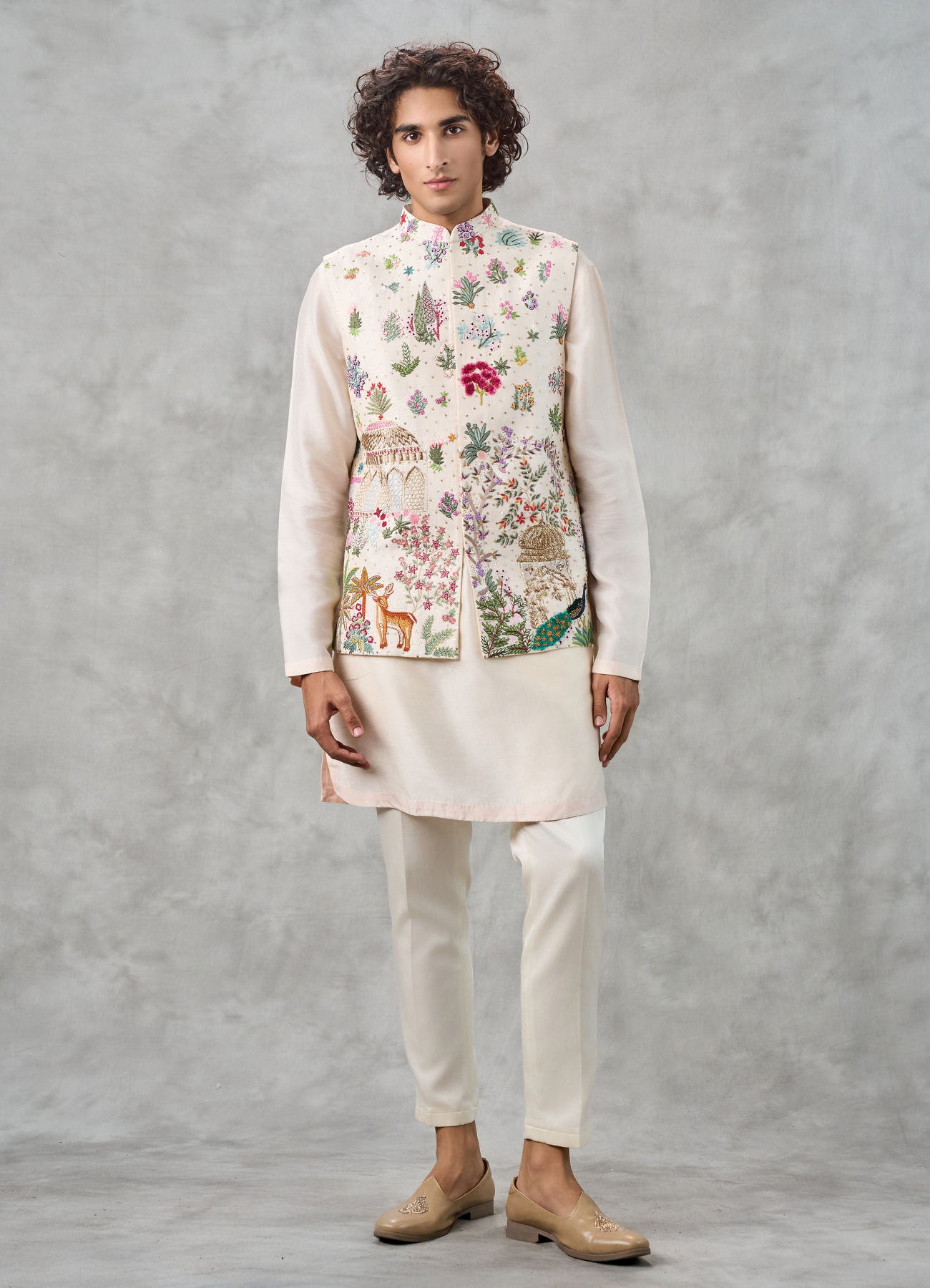 Twamev Men Cream Silk Multicolour Pichwai Aari Embroidered Kurta Jacket Set
