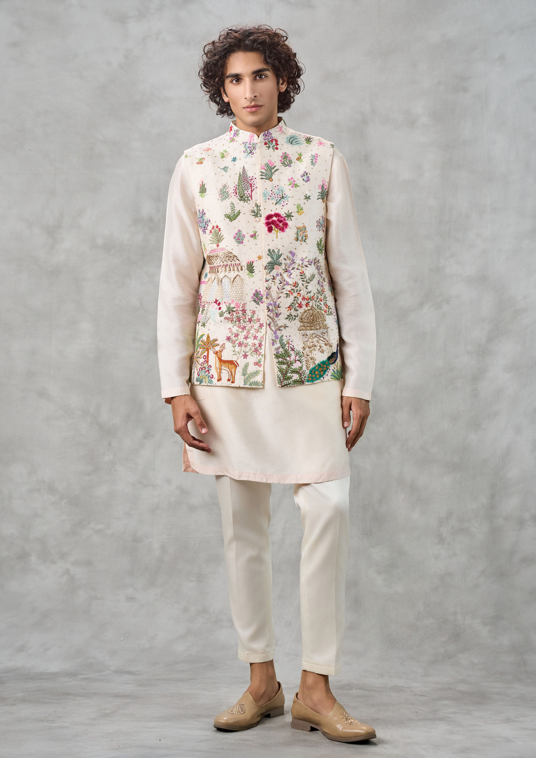 Twamev Men Cream Silk Multicolour Pichwai Aari Embroidered Kurta Jacket Set
