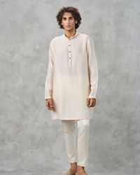 Twamev Men Cream Silk Multicolour Pichwai Aari Embroidered Kurta Jacket Set