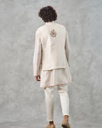 Twamev Men Cream Silk Multicolour Pichwai Aari Embroidered Kurta Jacket Set