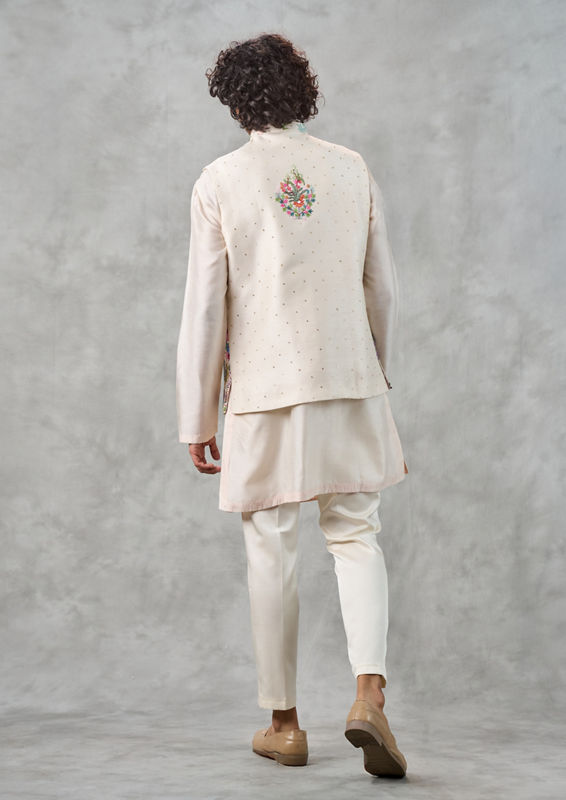 Twamev Men Cream Silk Multicolour Pichwai Aari Embroidered Kurta Jacket Set