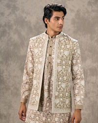 Twamev Men Walnut Beige Raw Silk Floral Thread Embroidered Jacket Set