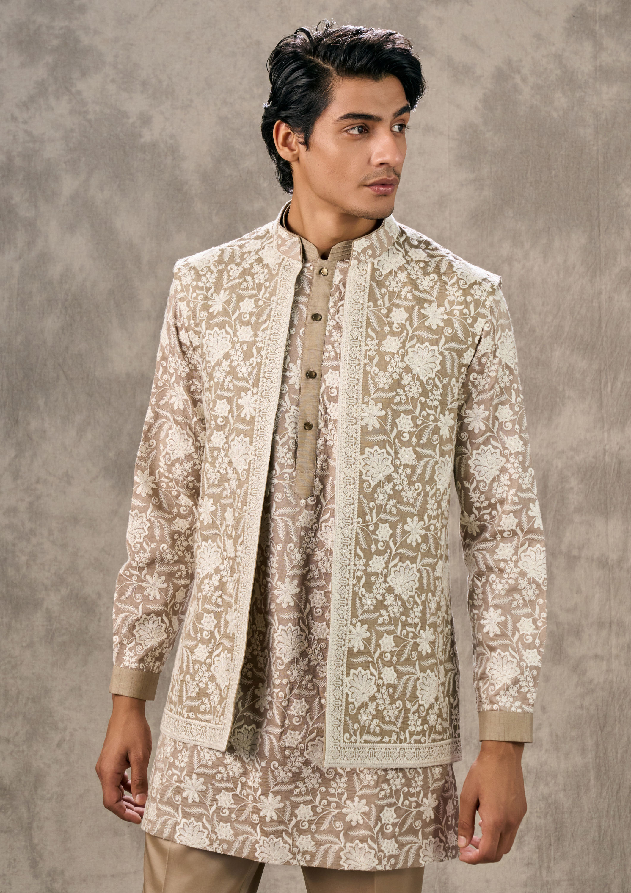 Twamev Men Walnut Toned Kurta Jacket Set