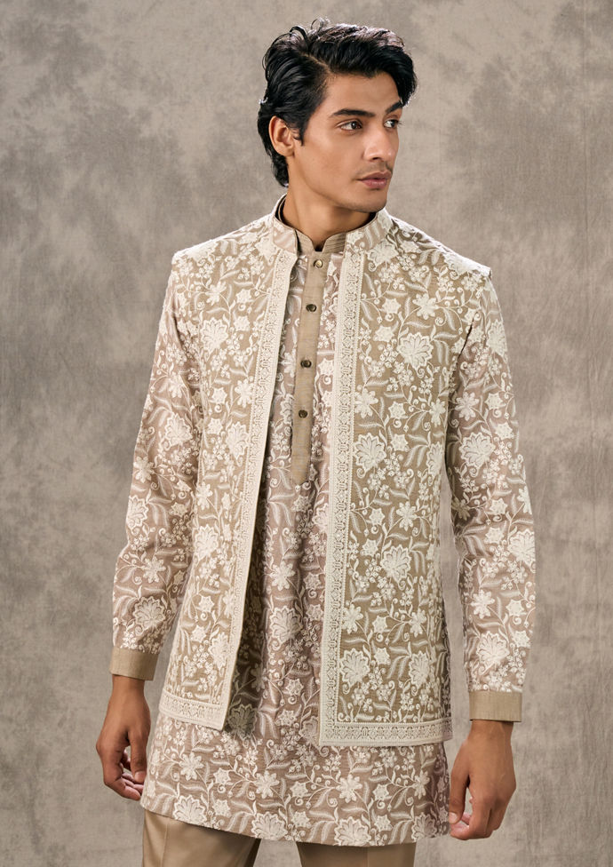 Twamev Men Walnut Toned Kurta Jacket Set