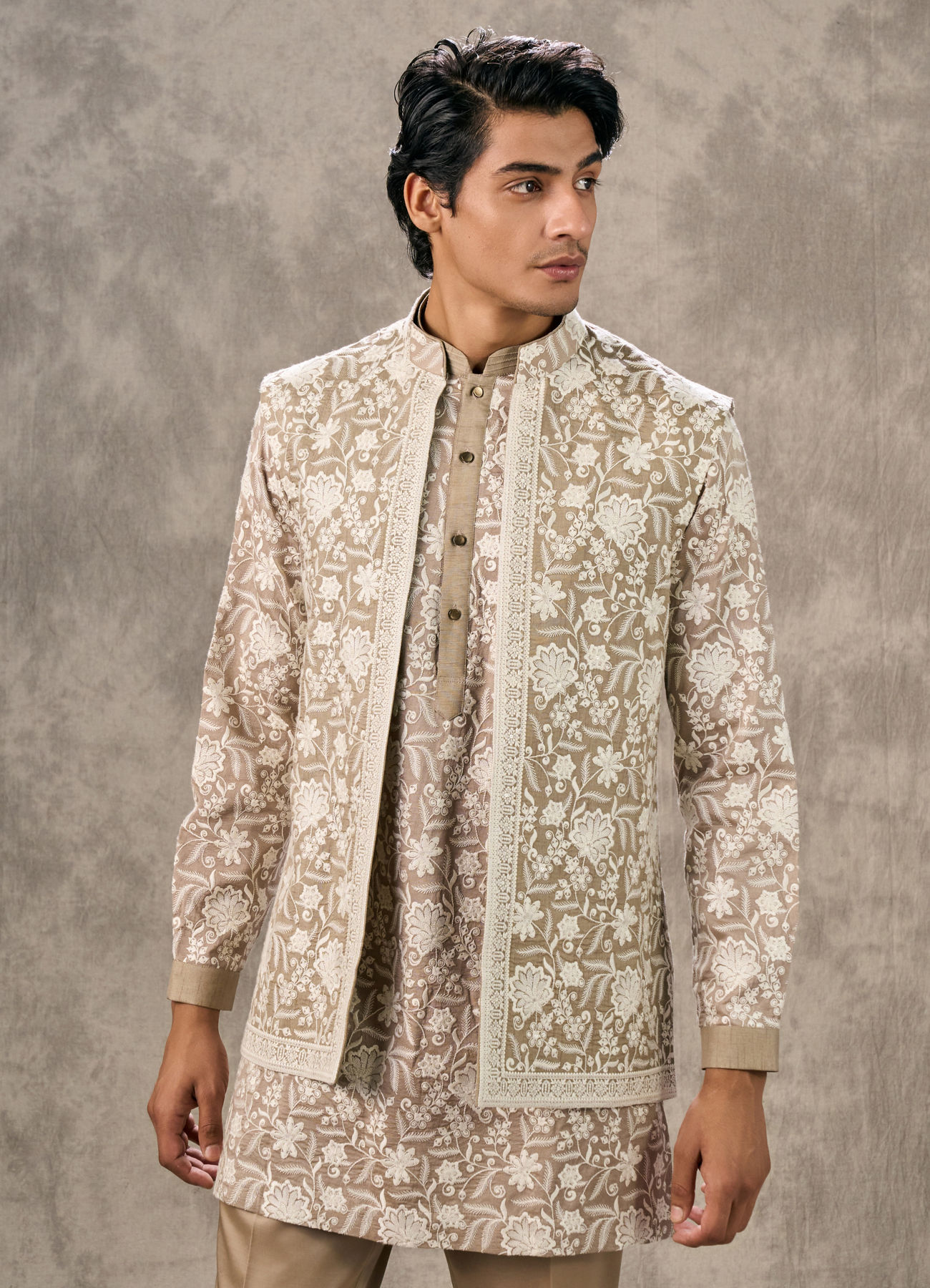 Twamev Men Walnut Beige Raw Silk Floral Thread Embroidered Jacket Set
