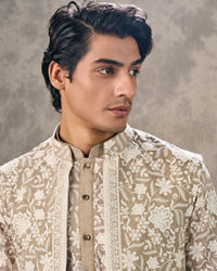 Twamev Men Walnut Beige Raw Silk Floral Thread Embroidered Jacket Set