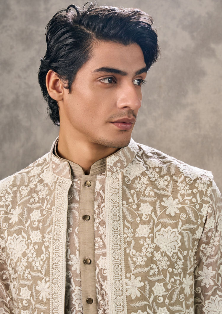 Twamev Men Walnut Toned Kurta Jacket Set