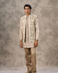 Twamev Men Walnut Beige Raw Silk Floral Thread Embroidered Jacket Set