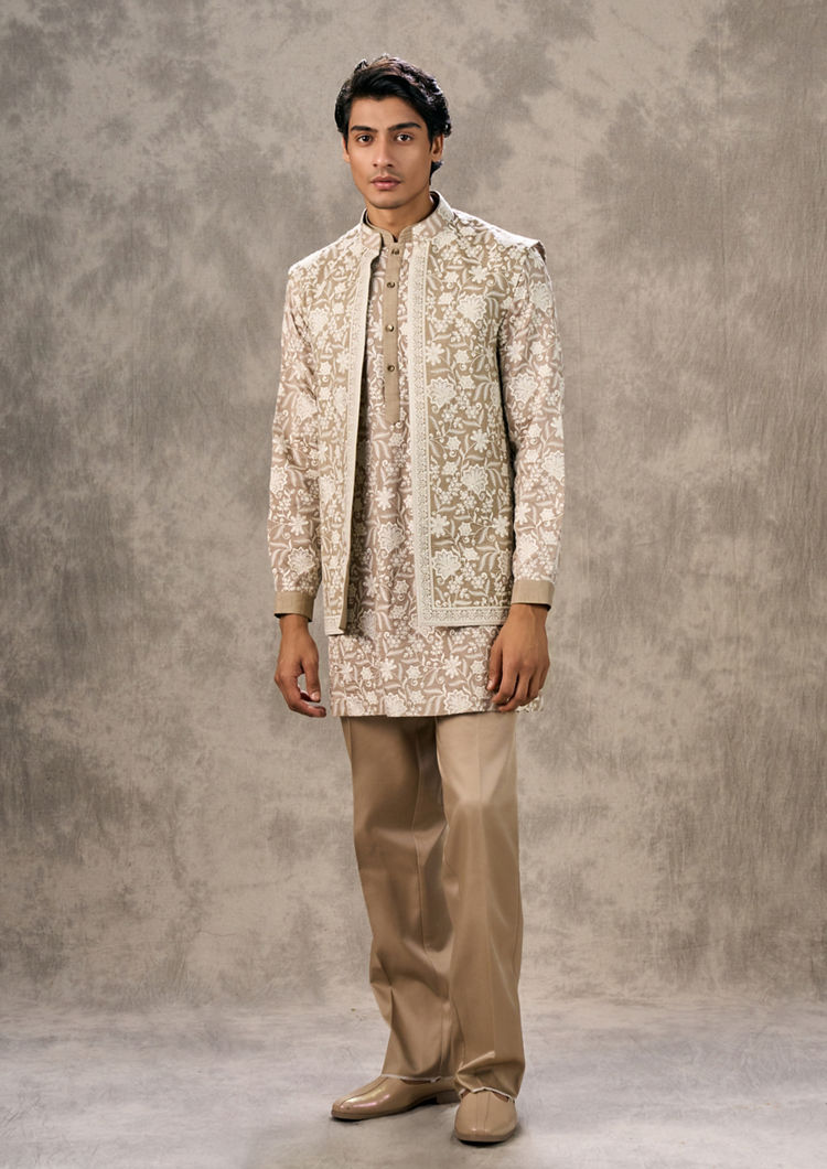 Twamev Men Walnut Toned Kurta Jacket Set