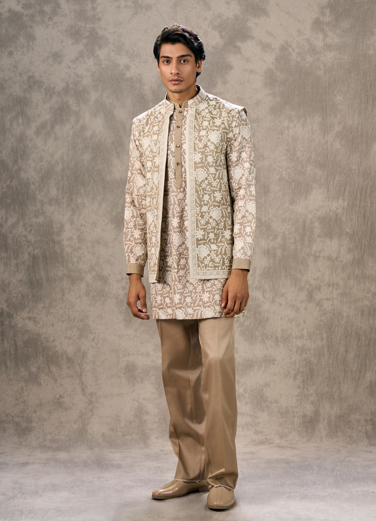 Twamev Men Walnut Beige Raw Silk Floral Thread Embroidered Jacket Set