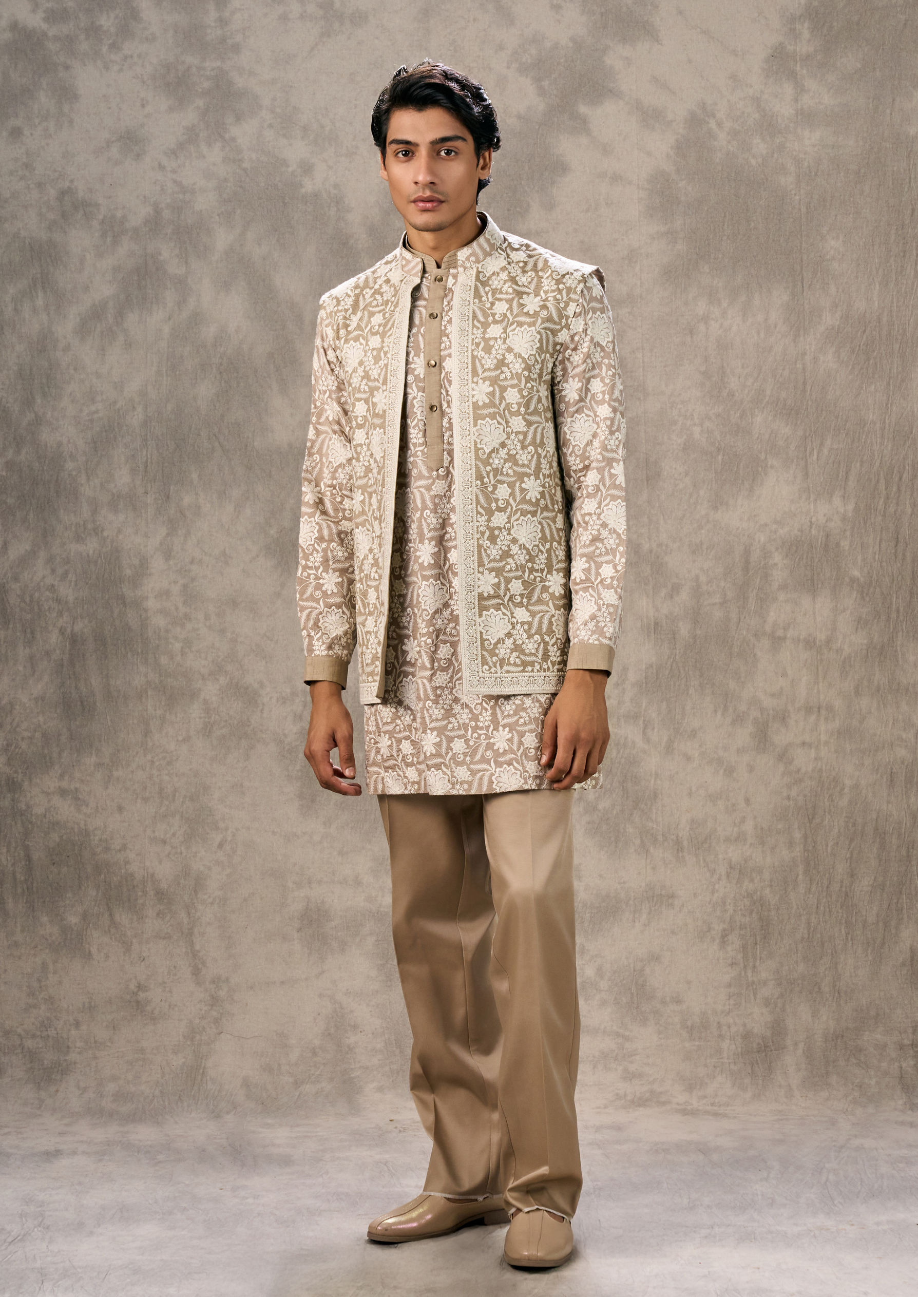 Twamev Men Walnut Toned Kurta Jacket Set