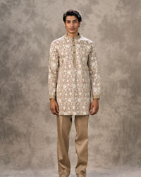 Twamev Men Walnut Beige Raw Silk Floral Thread Embroidered Jacket Set