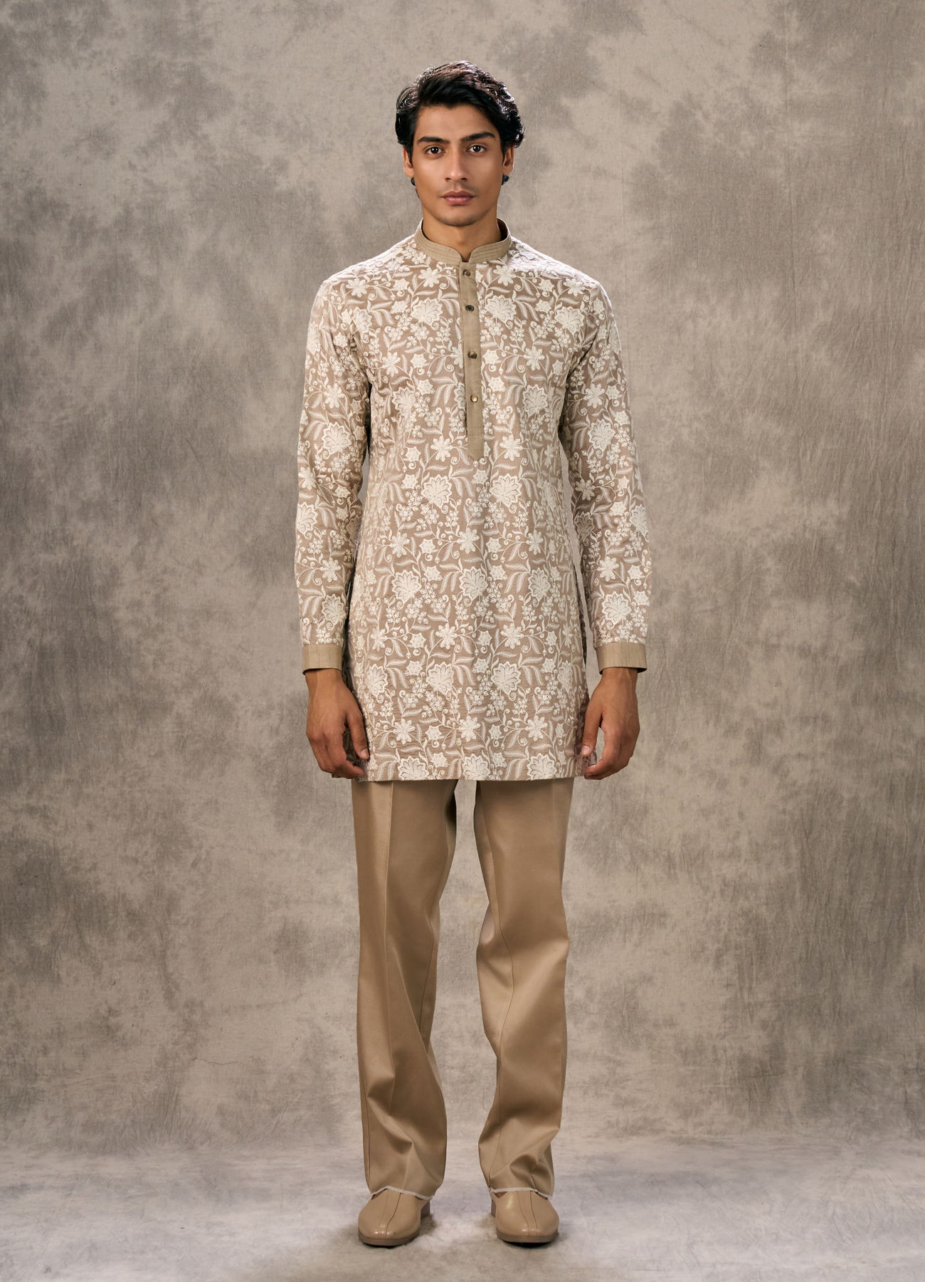 Twamev Men Walnut Beige Raw Silk Floral Thread Embroidered Jacket Set