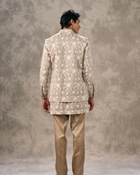 Twamev Men Walnut Beige Raw Silk Floral Thread Embroidered Jacket Set
