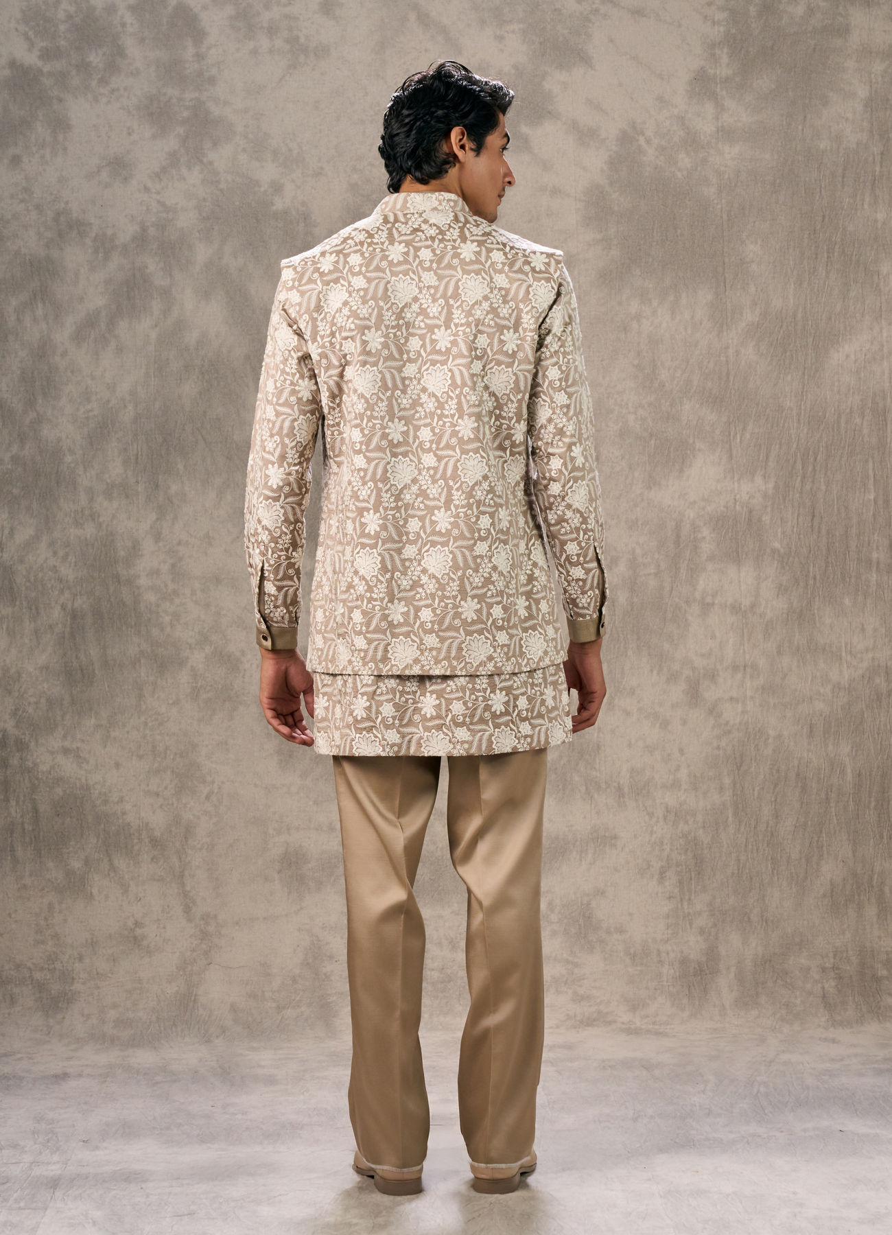Twamev Men Walnut Beige Raw Silk Floral Thread Embroidered Jacket Set