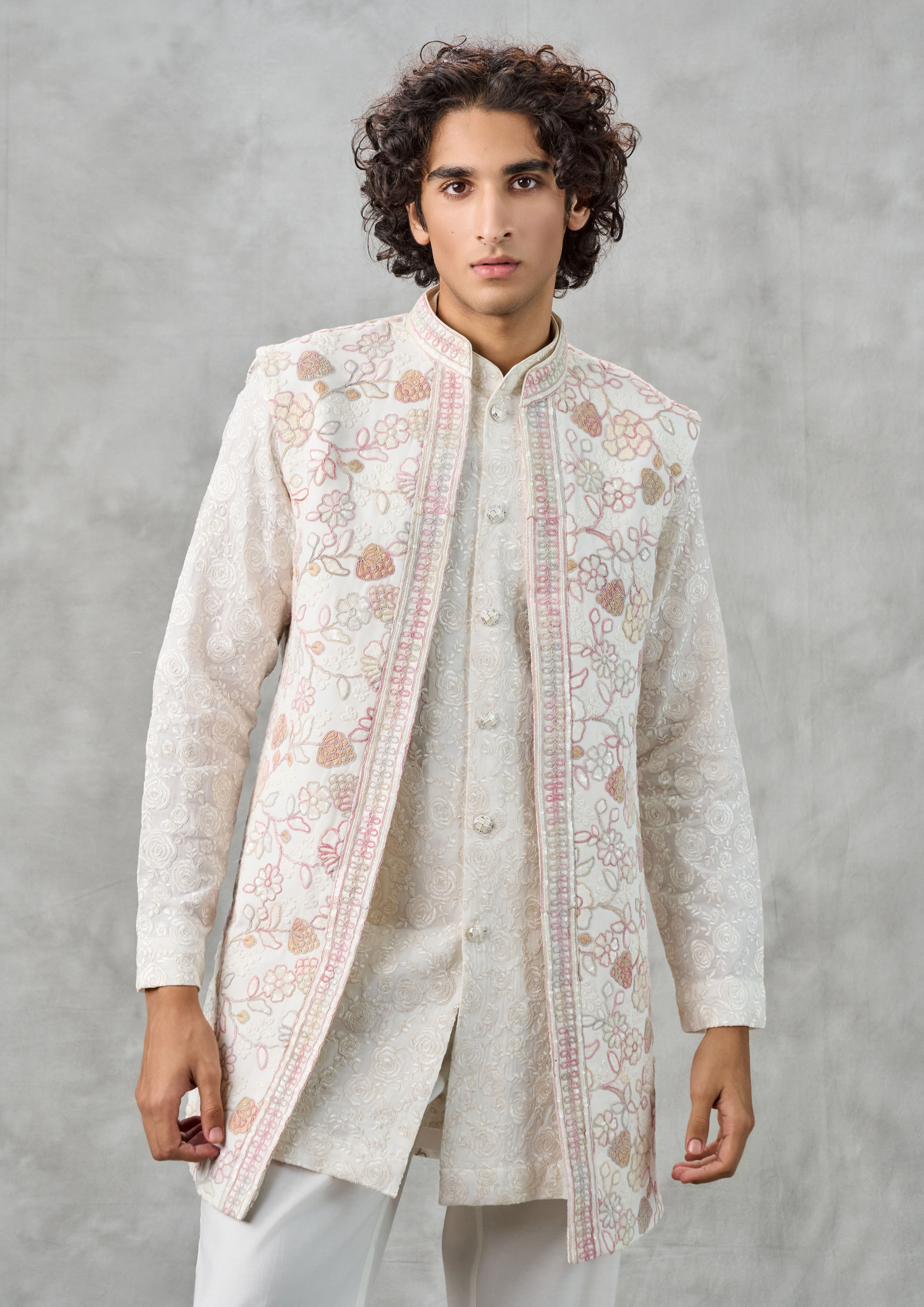 Twamev Men Elegant Cream Georgette Kurta Jacket Set