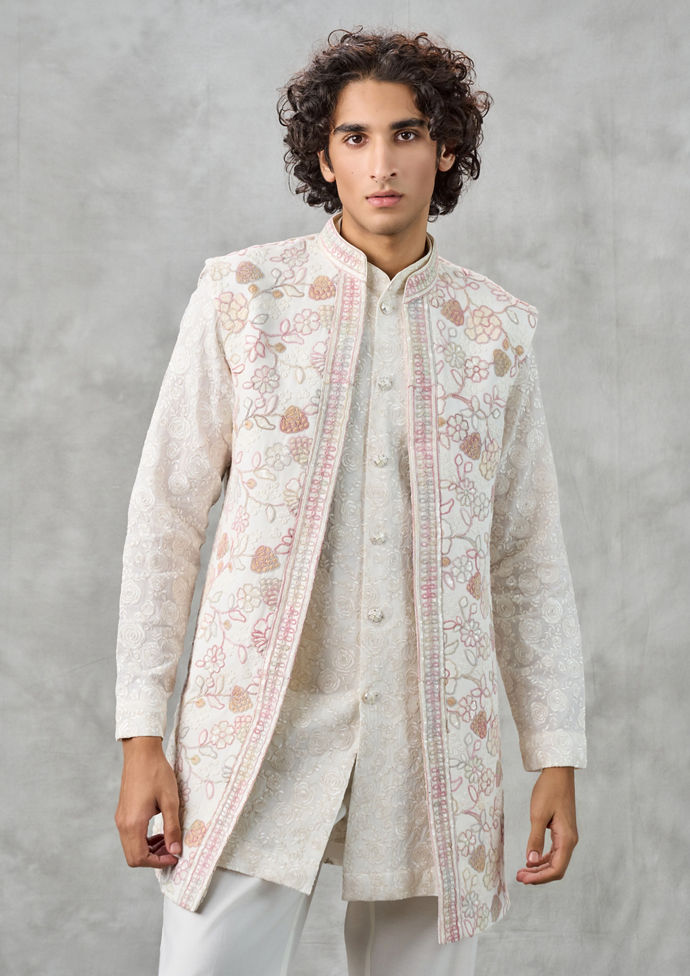 Twamev Men Elegant Cream Georgette Kurta Jacket Set