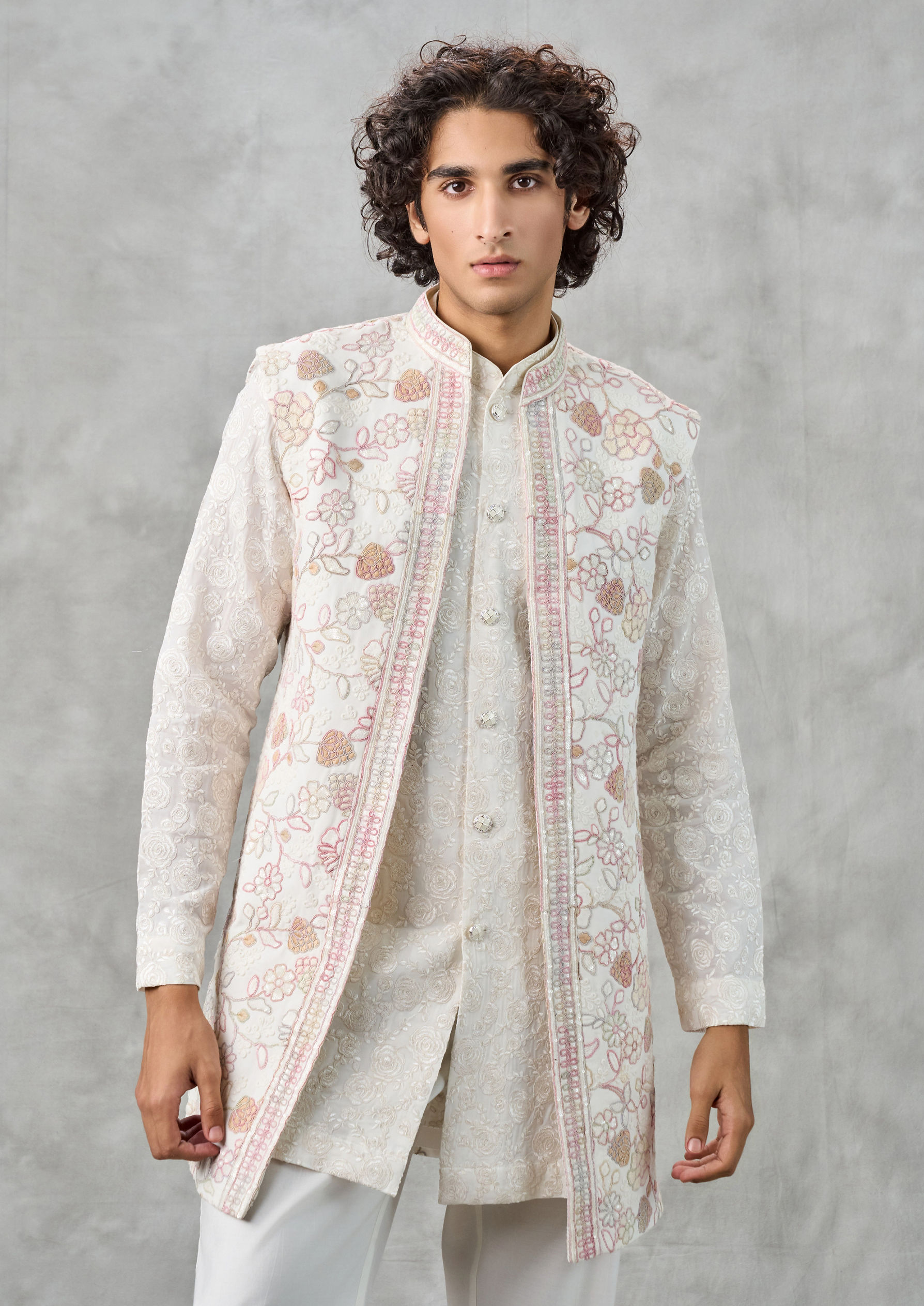 Twamev Men Elegant Cream Georgette Kurta Jacket Set