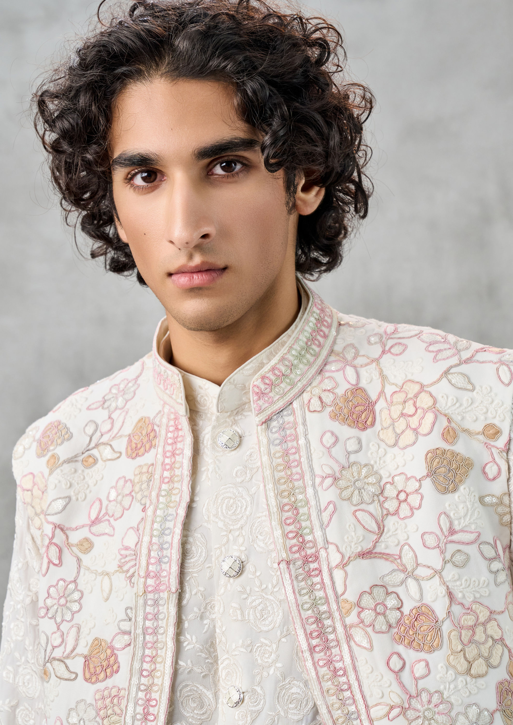 Twamev Men Elegant Cream Georgette Kurta Jacket Set