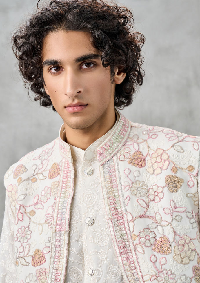 Twamev Men Elegant Cream Georgette Kurta Jacket Set