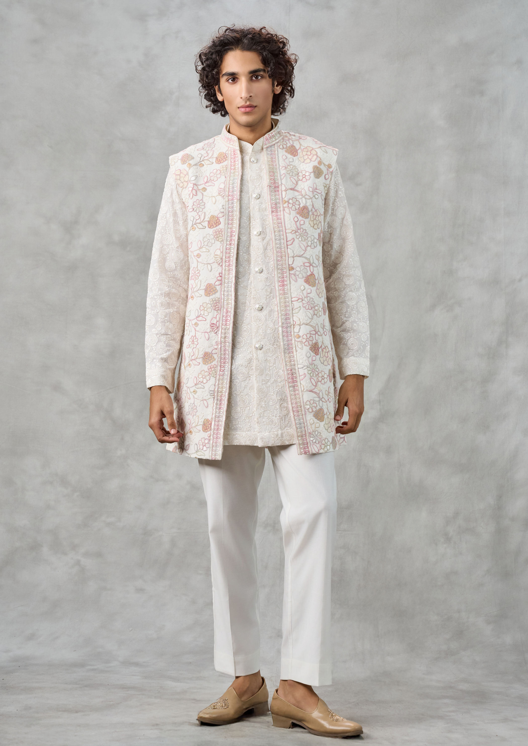 Twamev Men Elegant Cream Georgette Kurta Jacket Set