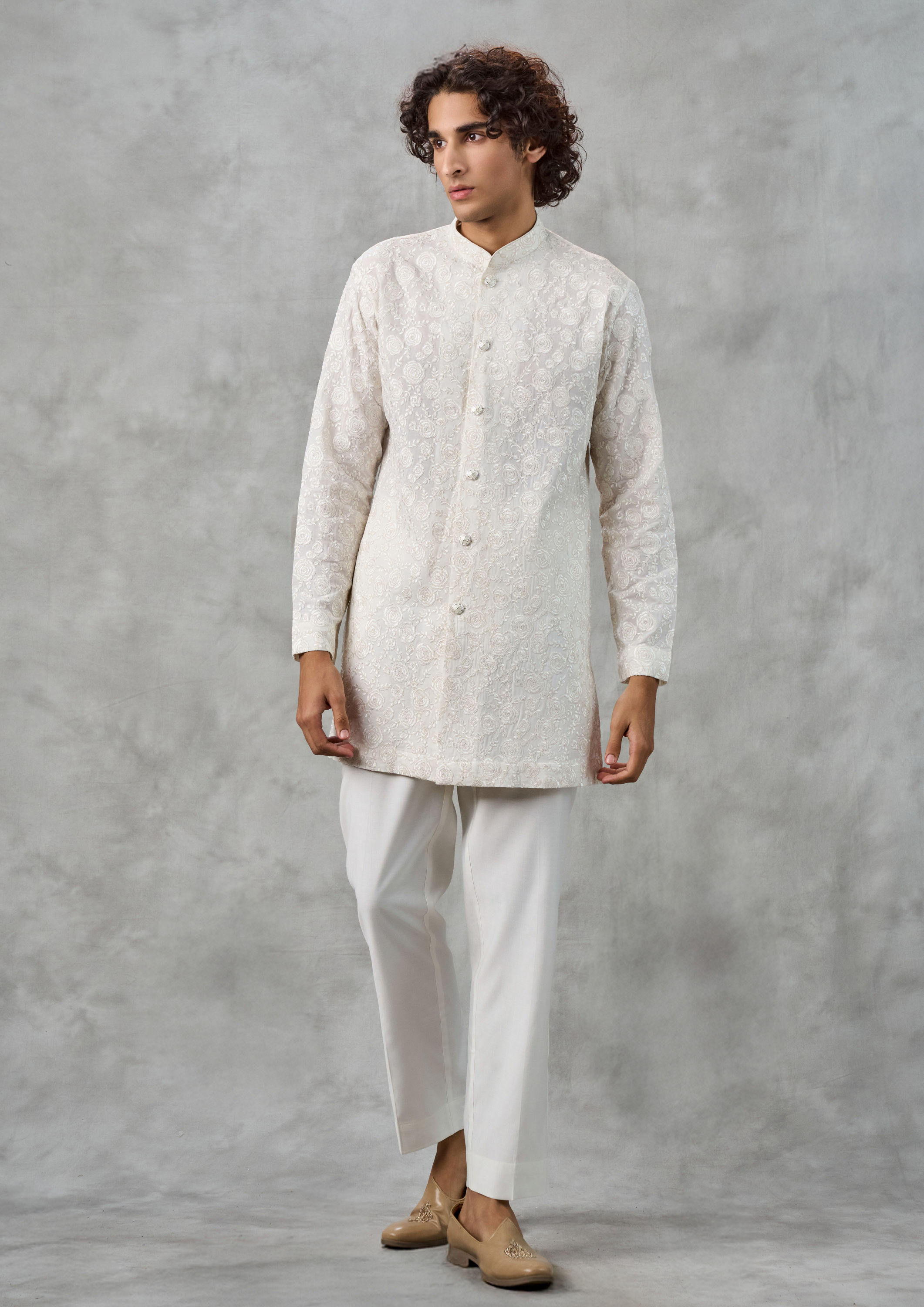 Twamev Men Elegant Cream Georgette Kurta Jacket Set