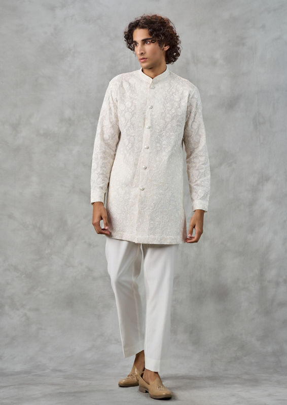 Twamev Men Elegant Cream Georgette Kurta Jacket Set