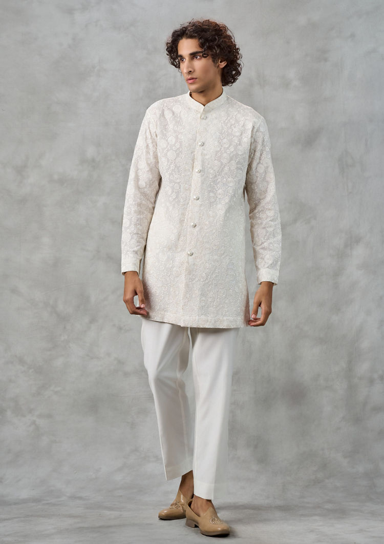 Twamev Men Elegant Cream Georgette Kurta Jacket Set