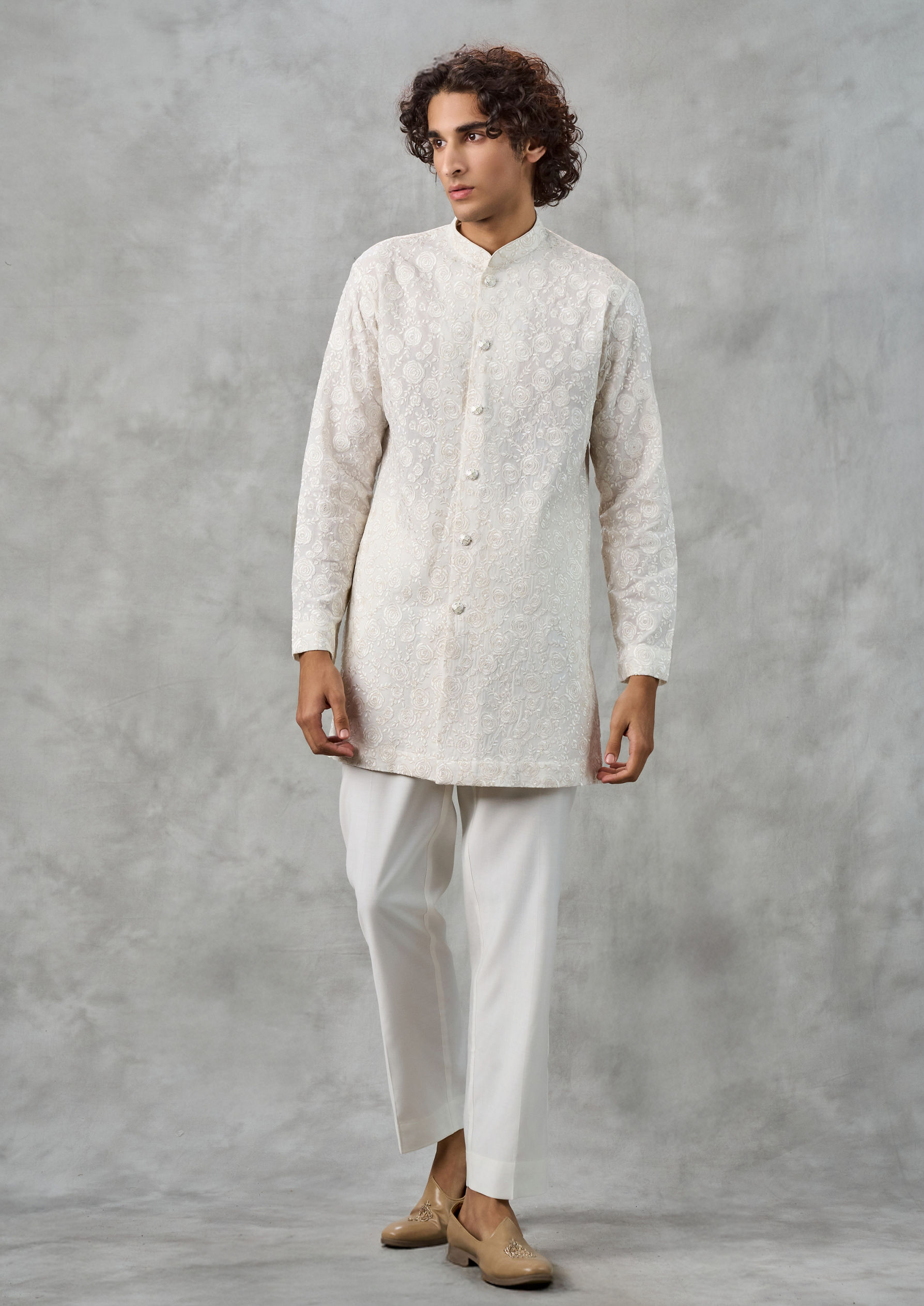 Twamev Men Elegant Cream Georgette Kurta Jacket Set