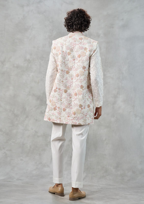 Twamev Men Elegant Cream Georgette Kurta Jacket Set