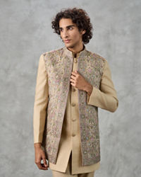 Twamev Men Beige Silk Multicolour Floral Kashmiri Thread Embroidered Indo Western