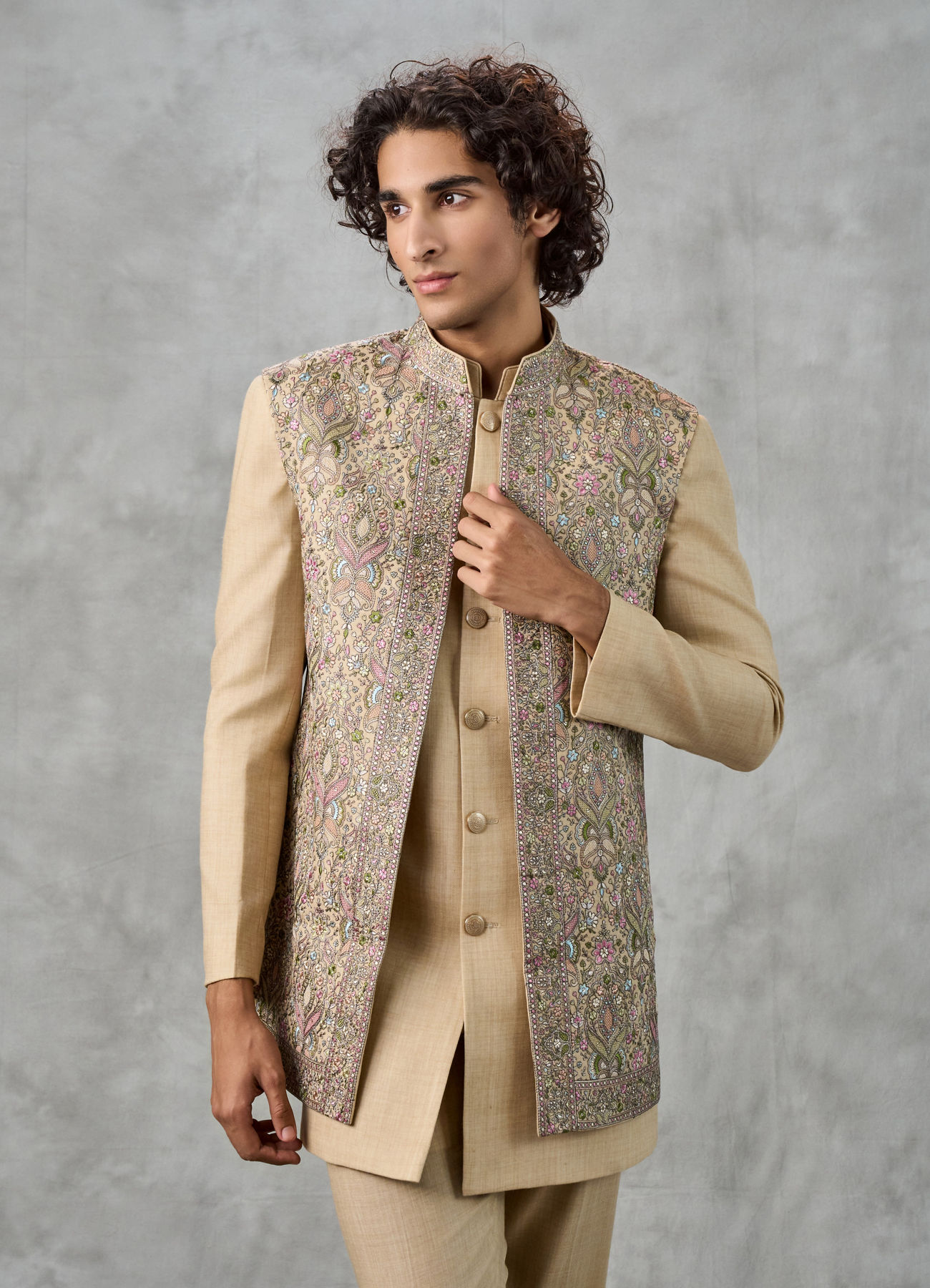 Twamev Men Beige Silk Multicolour Floral Kashmiri Thread Embroidered Indo Western