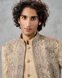 Twamev Men Beige Silk Multicolour Floral Kashmiri Thread Embroidered Indo Western