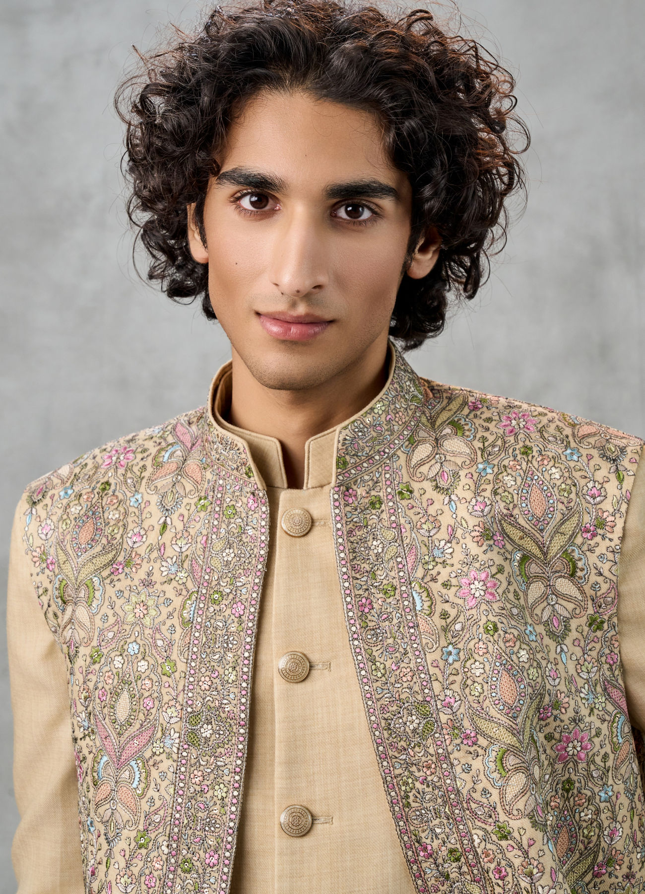 Twamev Men Beige Silk Multicolour Floral Kashmiri Thread Embroidered Indo Western