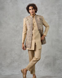Twamev Men Beige Silk Multicolour Floral Kashmiri Thread Embroidered Indo Western