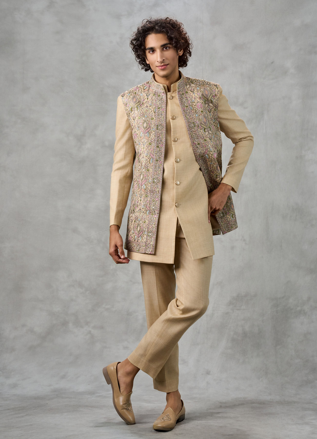 Twamev Men Beige Silk Multicolour Floral Kashmiri Thread Embroidered Indo Western