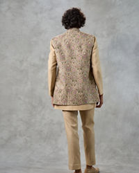 Twamev Men Beige Silk Multicolour Floral Kashmiri Thread Embroidered Indo Western
