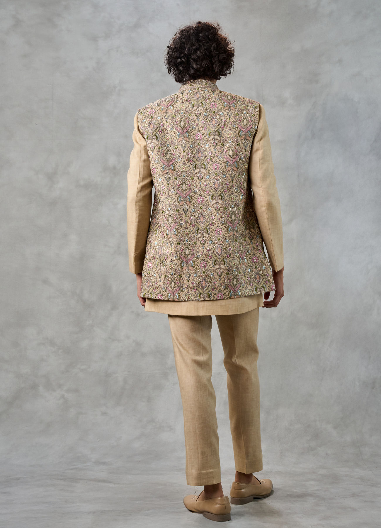 Twamev Men Beige Silk Multicolour Floral Kashmiri Thread Embroidered Indo Western