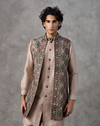 Twamev Men Beige Silk Multicolour Kashmiri Thread Embroidered Jacket Set