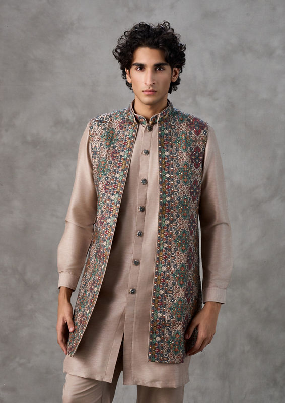 Twamev Men Beige Kurta Jacket Set