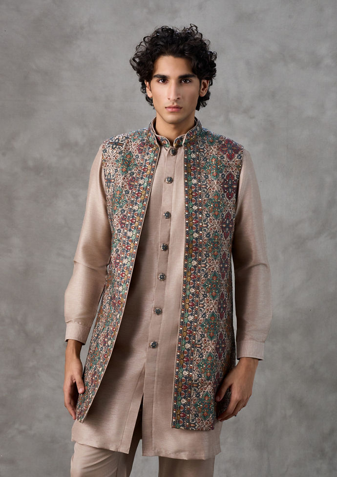 Twamev Men Beige Kurta Jacket Set