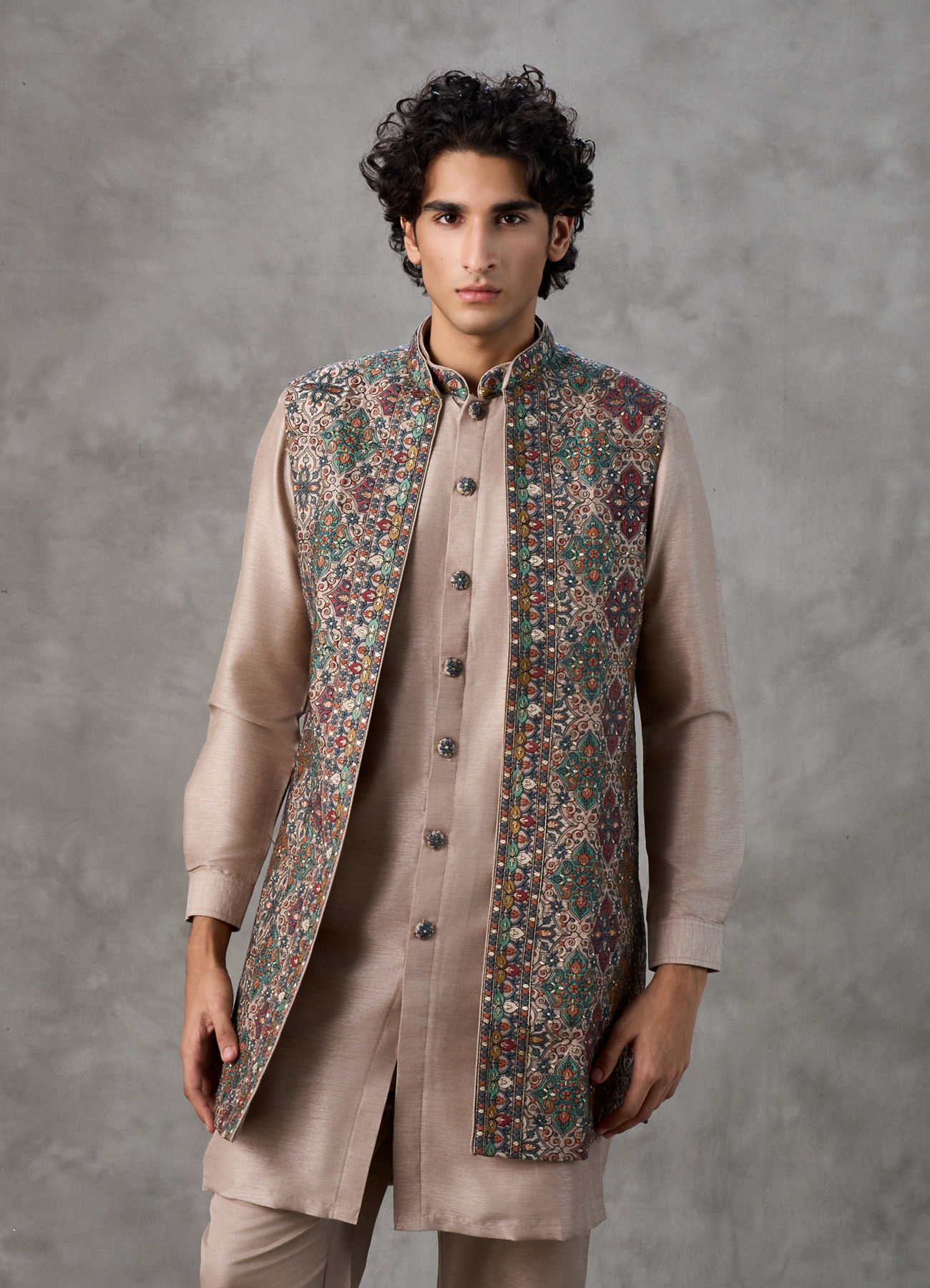 Twamev Men Beige Silk Multicolour Kashmiri Thread Embroidered Jacket Set