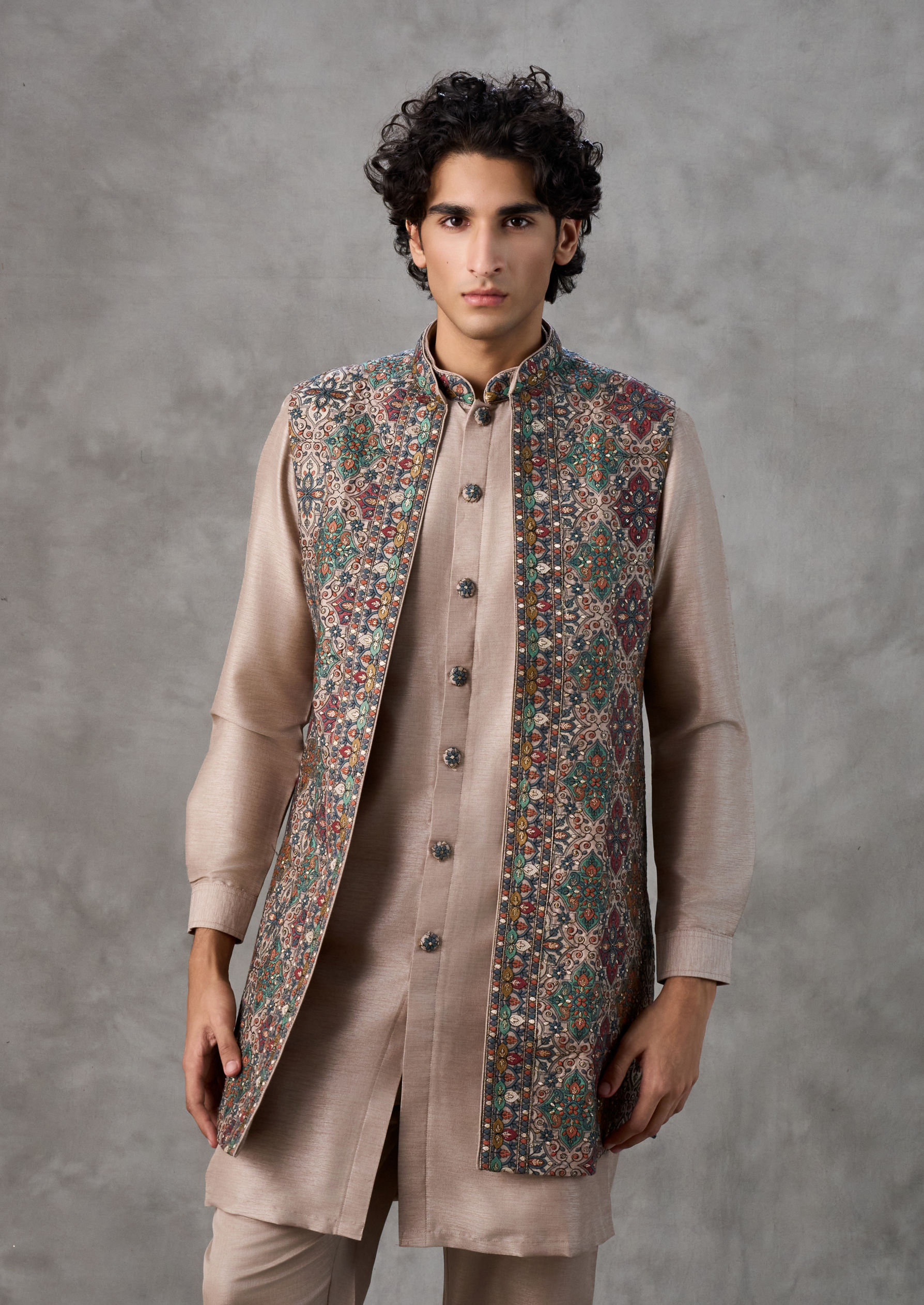 Twamev Men Beige Kurta Jacket Set