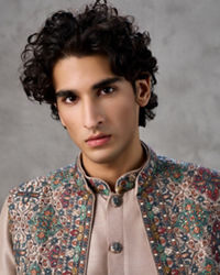 Twamev Men Beige Silk Multicolour Kashmiri Thread Embroidered Jacket Set