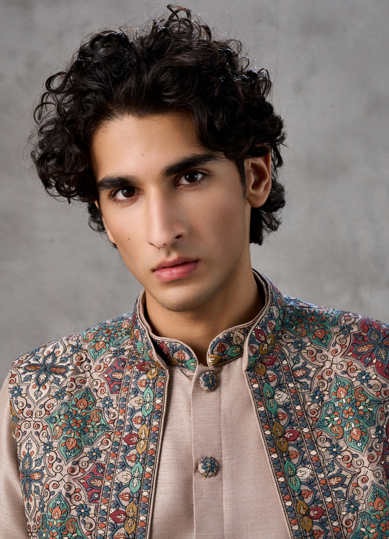 Twamev Men Beige Silk Multicolour Kashmiri Thread Embroidered Jacket Set