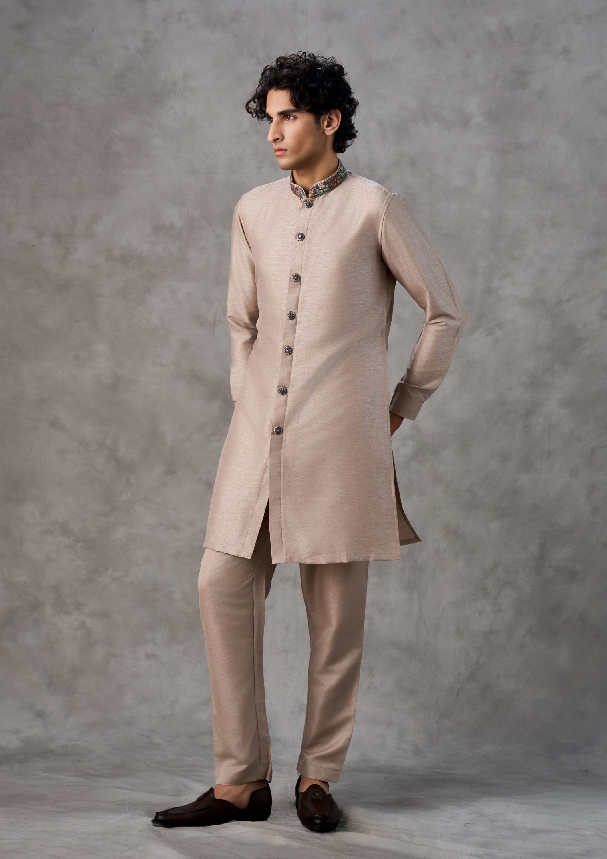 Twamev Men Beige Kurta Jacket Set